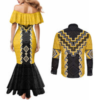 Yellow Niho Taniwha Mix Poutama Couples Matching Mermaid Dress and Long Sleeve Button Shirt Unique Taniko Aotearoa