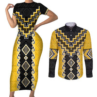 Yellow Niho Taniwha Mix Poutama Couples Matching Short Sleeve Bodycon Dress and Long Sleeve Button Shirt Unique Taniko Aotearoa