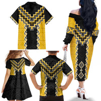 Yellow Niho Taniwha Mix Poutama Family Matching Off The Shoulder Long Sleeve Dress and Hawaiian Shirt Unique Taniko Aotearoa LT01 - Polynesian Pride