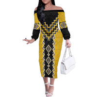 Yellow Niho Taniwha Mix Poutama Family Matching Off The Shoulder Long Sleeve Dress and Hawaiian Shirt Unique Taniko Aotearoa LT01 Mom's Dress Yellow - Polynesian Pride