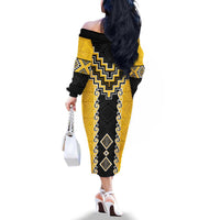 Yellow Niho Taniwha Mix Poutama Family Matching Off The Shoulder Long Sleeve Dress and Hawaiian Shirt Unique Taniko Aotearoa LT01 - Polynesian Pride