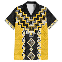 Yellow Niho Taniwha Mix Poutama Family Matching Off Shoulder Maxi Dress and Hawaiian Shirt Unique Taniko Aotearoa LT01 Dad's Shirt - Short Sleeve Yellow - Polynesian Pride