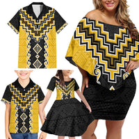 Yellow Niho Taniwha Mix Poutama Family Matching Off Shoulder Short Dress and Hawaiian Shirt Unique Taniko Aotearoa LT01 - Polynesian Pride