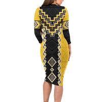 Yellow Niho Taniwha Mix Poutama Long Sleeve Bodycon Dress Unique Taniko Aotearoa LT01 - Polynesian Pride