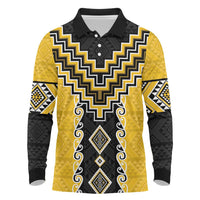 Yellow Niho Taniwha Mix Poutama Long Sleeve Polo Shirt Unique Taniko Aotearoa