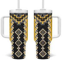 Yellow Niho Taniwha Mix Poutama Tumbler With Handle Unique Taniko Aotearoa