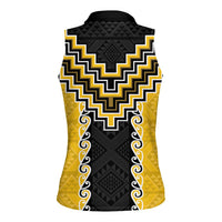 Yellow Niho Taniwha Mix Poutama Women Sleeveless Polo Shirt Unique Taniko Aotearoa