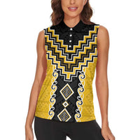 Yellow Niho Taniwha Mix Poutama Women Sleeveless Polo Shirt Unique Taniko Aotearoa