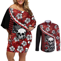 Hawaii Halloween Couples Matching Off Shoulder Short Dress and Long Sleeve Button Shirts Hibiscus Skull Kakau Pattern LT01 Red - Polynesian Pride