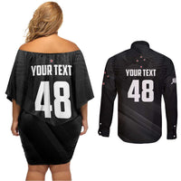 Custom New Zealand Cricket Couples Matching Off Shoulder Short Dress and Long Sleeve Button Shirt Aotearoa Black Cap Come On