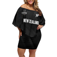 Custom New Zealand Cricket Family Matching Off Shoulder Short Dress and Hawaiian Shirt Aotearoa Black Cap Come On LT01 Mom's Dress Black - Polynesian Pride