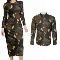 Javanese Batik Semen Couples Matching Long Sleeve Bodycon Dress and Long Sleeve Button Shirt Indonesian Traditional Pattern LT01 Black - Polynesian Pride