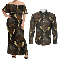 Javanese Batik Semen Couples Matching Off Shoulder Maxi Dress and Long Sleeve Button Shirt Indonesian Traditional Pattern LT01 Black - Polynesian Pride