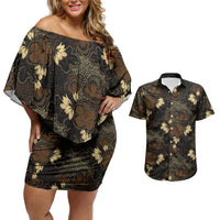 Javanese Batik Semen Couples Matching Off Shoulder Short Dress and Hawaiian Shirt Indonesian Traditional Pattern LT01 Black - Polynesian Pride