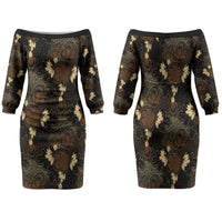 Javanese Batik Semen Family Matching Off The Shoulder Long Sleeve Dress and Hawaiian Shirt Indonesian Traditional Pattern LT01 Mom's Dress Black - Polynesian Pride