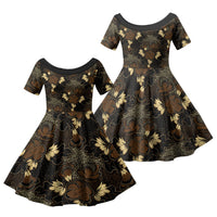 Javanese Batik Semen Family Matching Off The Shoulder Long Sleeve Dress and Hawaiian Shirt Indonesian Traditional Pattern LT01 Daughter's Dress Black - Polynesian Pride