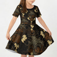 Javanese Batik Semen Kid Short Sleeve Dress Indonesian Traditional Pattern LT01 KID Black - Polynesian Pride
