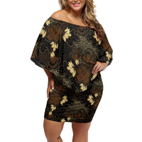 Javanese Batik Semen Off Shoulder Short Dress Indonesian Traditional Pattern LT01 Women Black - Polynesian Pride