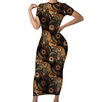 Batik Pedalaman Semen Lereng Style Short Sleeve Bodycon Dress Indonesian Traditional Pattern LT01 Long Dress Black - Polynesian Pride