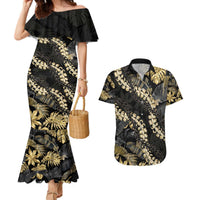 Gold Tropical Leaves Hawaii Mikioi Lei Couples Matching Mermaid Dress and Hawaiian Shirt Luxury Stylized - Polynesian Pride