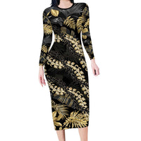 Gold Tropical Leaves Hawaii Mikioi Lei Family Matching Long Sleeve Bodycon Dress and Hawaiian Shirt Luxury Stylized LT01 Mom's Dress Gold - Polynesian Pride