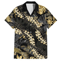 Gold Tropical Leaves Hawaii Mikioi Lei Family Matching Off The Shoulder Long Sleeve Dress and Hawaiian Shirt Luxury Stylized LT01 Dad's Shirt - Short Sleeve Gold - Polynesian Pride