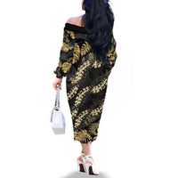 Gold Tropical Leaves Hawaii Mikioi Lei Family Matching Off The Shoulder Long Sleeve Dress and Hawaiian Shirt Luxury Stylized LT01 - Polynesian Pride