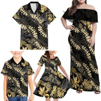 Gold Tropical Leaves Hawaii Mikioi Lei Family Matching Off Shoulder Maxi Dress and Hawaiian Shirt Luxury Stylized LT01 - Polynesian Pride