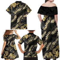 Gold Tropical Leaves Hawaii Mikioi Lei Family Matching Off Shoulder Maxi Dress and Hawaiian Shirt Luxury Stylized LT01 - Polynesian Pride