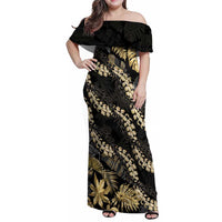 Gold Tropical Leaves Hawaii Mikioi Lei Family Matching Off Shoulder Maxi Dress and Hawaiian Shirt Luxury Stylized LT01 Mom's Dress Gold - Polynesian Pride