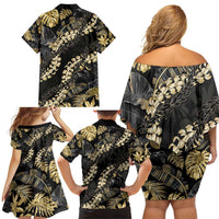 Gold Tropical Leaves Hawaii Mikioi Lei Family Matching Off Shoulder Short Dress and Hawaiian Shirt Luxury Stylized LT01 - Polynesian Pride