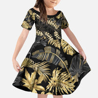 Gold Tropical Leaves Hawaii Mikioi Lei Family Matching Short Sleeve Bodycon Dress and Hawaiian Shirt Luxury Stylized LT01 Daughter's Dress Gold - Polynesian Pride