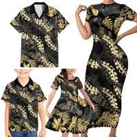 Gold Tropical Leaves Hawaii Mikioi Lei Family Matching Short Sleeve Bodycon Dress and Hawaiian Shirt Luxury Stylized LT01 - Polynesian Pride