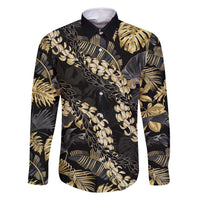 Gold Tropical Leaves Hawaii Mikioi Lei Family Matching Summer Maxi Dress and Hawaiian Shirt Luxury Stylized LT01 Dad's Shirt - Long Sleeve Gold - Polynesian Pride