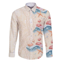 Beige Hawaii Lei Seashells Starfish Family Matching Off The Shoulder Long Sleeve Dress and Hawaiian Shirt Sandy Sylized - Polynesian Pride