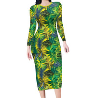 Hawaii Summer Tropical Leaves Family Matching Long Sleeve Bodycon Dress and Hawaiian Shirt LT01 Mom's Dress Yellow - Polynesian Pride