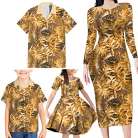 Hawaii Gold Tropical Leaves Family Matching Long Sleeve Bodycon Dress and Hawaiian Shirt LT01 - Polynesian Pride