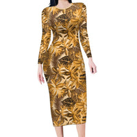 Hawaii Gold Tropical Leaves Family Matching Long Sleeve Bodycon Dress and Hawaiian Shirt LT01 Mom's Dress Gold - Polynesian Pride