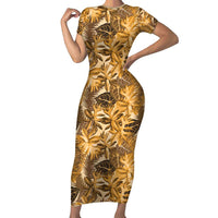 Hawaii Gold Tropical Leaves Family Matching Short Sleeve Bodycon Dress and Hawaiian Shirt LT01 Mom's Dress Gold - Polynesian Pride