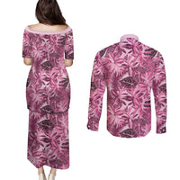 Hawaii Pink Tropical Leaves Couples Matching Puletasi and Long Sleeve Button Shirt - Polynesian Pride