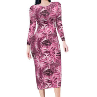 Hawaii Pink Tropical Leaves Family Matching Long Sleeve Bodycon Dress and Hawaiian Shirt LT01 Mom's Dress Pink - Polynesian Pride