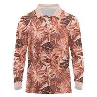 Hawaii Red Brown Tropical Leaves Long Sleeve Polo Shirt - Polynesian Pride