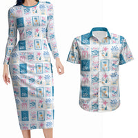 Hawaii Coastal Summer Postcard Couples Matching Long Sleeve Bodycon Dress and Hawaiian Shirt LT01 Multicolor - Polynesian Pride