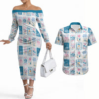 Hawaii Coastal Summer Postcard Couples Matching Off The Shoulder Long Sleeve Dress and Hawaiian Shirt LT01 Multicolor - Polynesian Pride