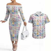 Aloha Summer Posters Grunge Textures Couples Matching Off The Shoulder Long Sleeve Dress and Hawaiian Shirt LT01 Multicolor - Polynesian Pride