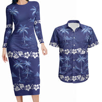 Blue Hawaii Palm Tree Hibiscus Couples Matching Long Sleeve Bodycon Dress and Hawaiian Shirt Fantasy Summer Vibe LT01 Blue - Polynesian Pride