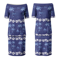 Blue Hawaii Palm Tree Hibiscus Couples Matching Puletasi and Long Sleeve Button Shirt Fantasy Summer Vibe LT01 - Polynesian Pride