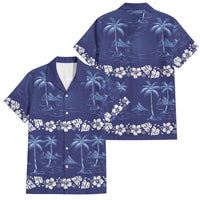 Blue Hawaii Palm Tree Hibiscus Family Matching Off The Shoulder Long Sleeve Dress and Hawaiian Shirt Fantasy Summer Vibe LT01 Dad's Shirt - Short Sleeve Blue - Polynesian Pride