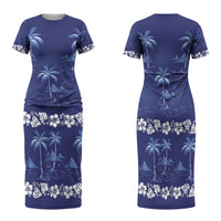 Blue Hawaii Palm Tree Hibiscus Family Matching Short Sleeve Bodycon Dress and Hawaiian Shirt Fantasy Summer Vibe LT01 Mom's Dress Blue - Polynesian Pride