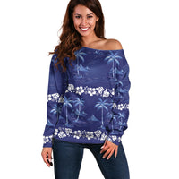 Blue Hawaii Palm Tree Hibiscus Off Shoulder Sweater Fantasy Summer Vibe LT01 Women Blue - Polynesian Pride